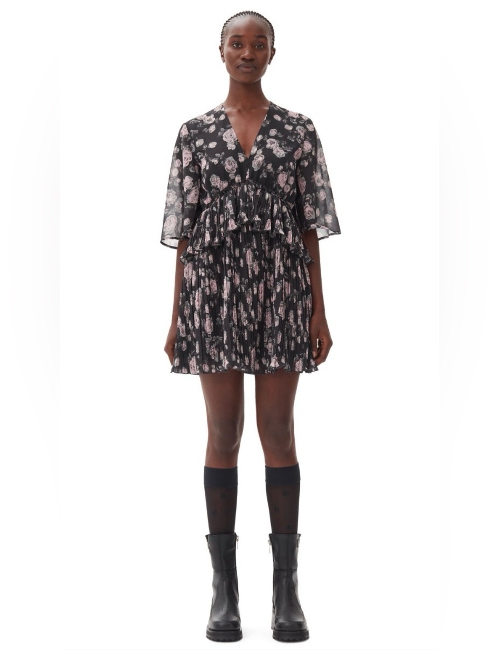 Ganni Pleated Georgette V-Neck Flounce Mini Dress